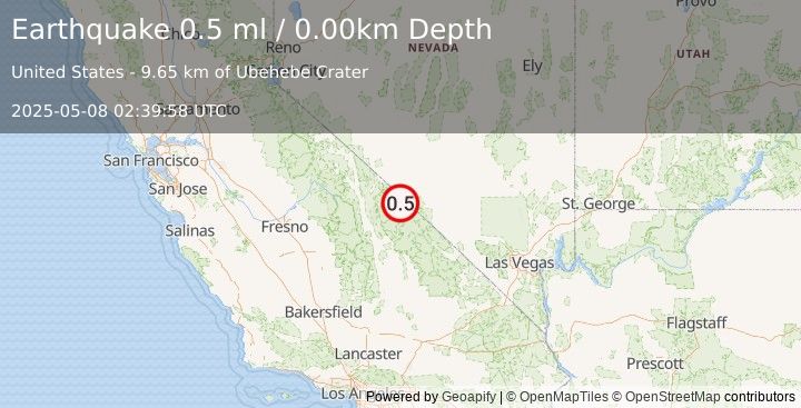 Earthquake 68 km WNW of Beatty, Nevada (0.5 ml) (2025-05-08 02:39:58 UTC)