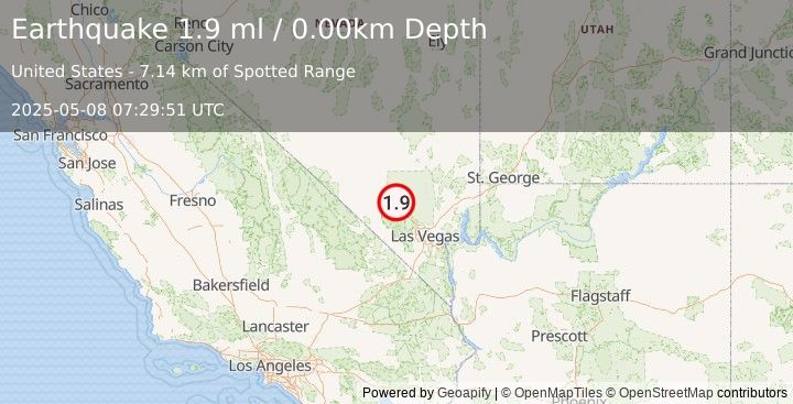 Earthquake 15 km NNW of Indian Springs, Nevada (1.9 ml) (2025-05-08 07:29:51 UTC)
