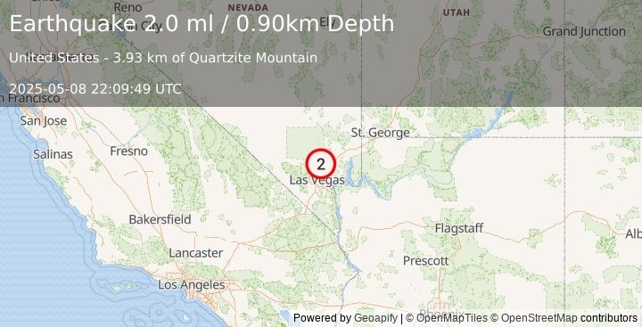 Earthquake 26 km N of Nellis Air Force Base, Nevada (2.0 ml) (2025-05-08 22:09:49 UTC)
