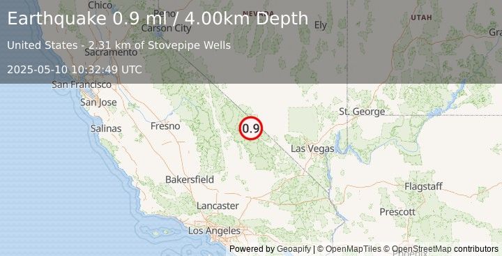 Earthquake 32 km NW of Furnace Creek, California (0.9 ml) (2025-05-10 10:32:49 UTC)