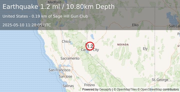 Earthquake 13 km S of Sparks, Nevada (1.2 ml) (2025-05-10 11:28:05 UTC)