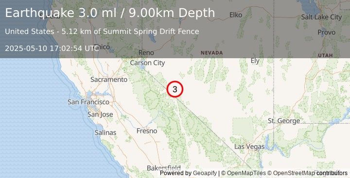 Earthquake 33 km SSE of Hawthorne, Nevada (3.0 ml) (2025-05-10 17:02:54 UTC)
