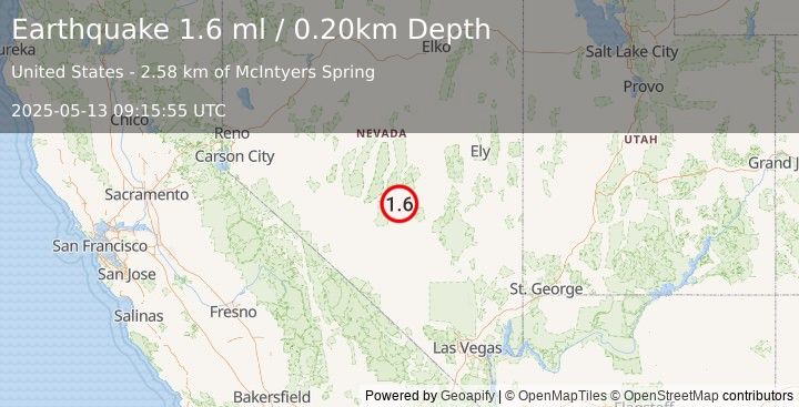 Earthquake 76 km ENE of Tonopah, Nevada (1.6 ml) (2025-05-13 09:15:55 UTC)