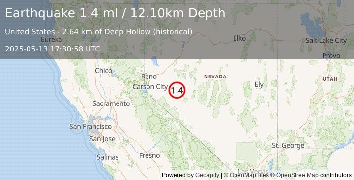 Earthquake 24 km ENE of Schurz, Nevada (1.4 ml) (2025-05-13 17:30:58 UTC)
