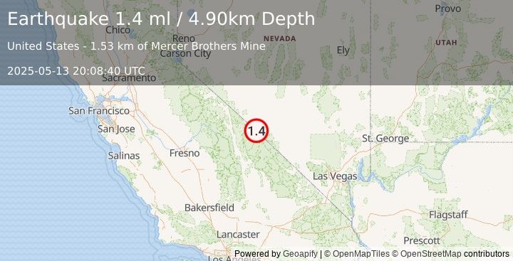 Earthquake 52 km S of Silver Peak, Nevada (1.4 ml) (2025-05-13 20:08:40 UTC)