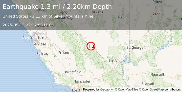 Earthquake 58 km SSW of Goldfield, Nevada (1.3 ml) (2025-05-13 22:17:58 UTC)