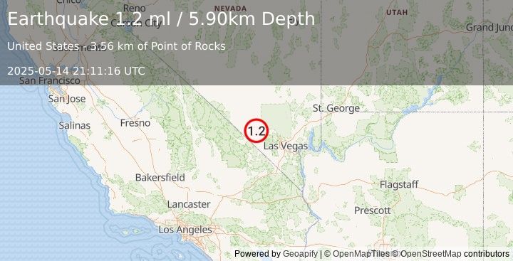 Earthquake 33 km W of Indian Springs, Nevada (1.2 ml) (2025-05-14 21:11:16 UTC)