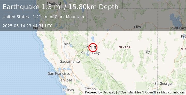 Earthquake 18 km ESE of Sparks, Nevada (1.3 ml) (2025-05-14 23:44:31 UTC)