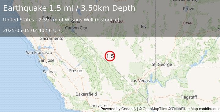 Earthquake 16 km SSW of Goldfield, Nevada (1.5 ml) (2025-05-15 02:40:56 UTC)