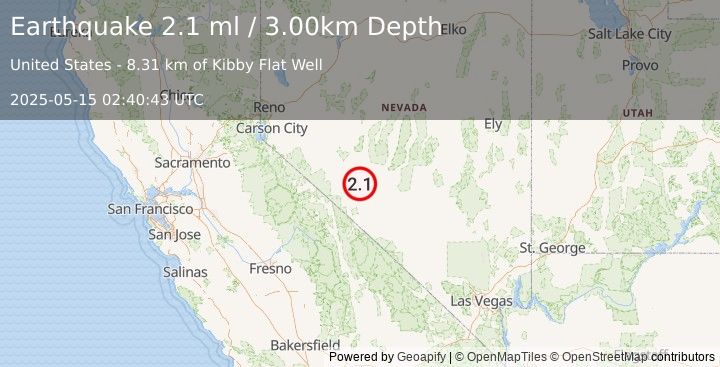 Earthquake 32 km SE of Mina, Nevada (2.1 ml) (2025-05-15 02:40:43 UTC)