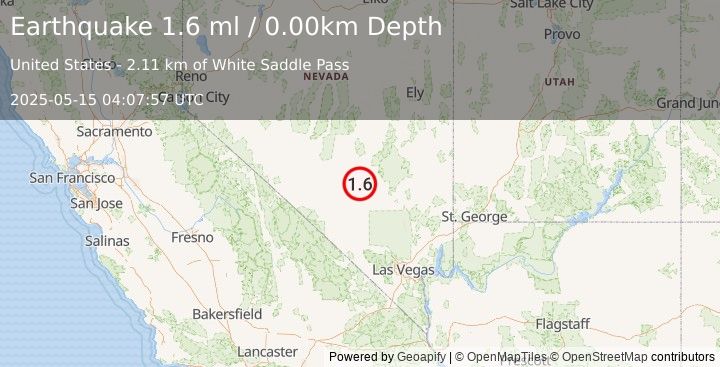 Earthquake 31 km W of Rachel, Nevada (1.6 ml) (2025-05-15 04:07:57 UTC)