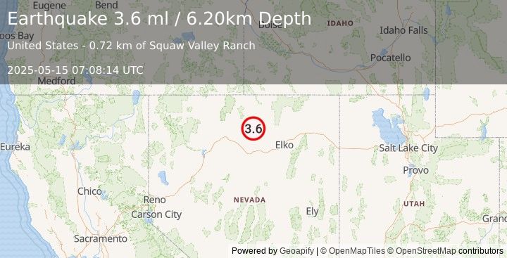 Earthquake 56 km NE of Valmy, Nevada (3.6 ml) (2025-05-15 07:08:14 UTC)
