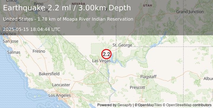 Earthquake 19 km SW of Moapa Town, Nevada (2.2 ml) (2025-05-15 18:04:44 UTC)