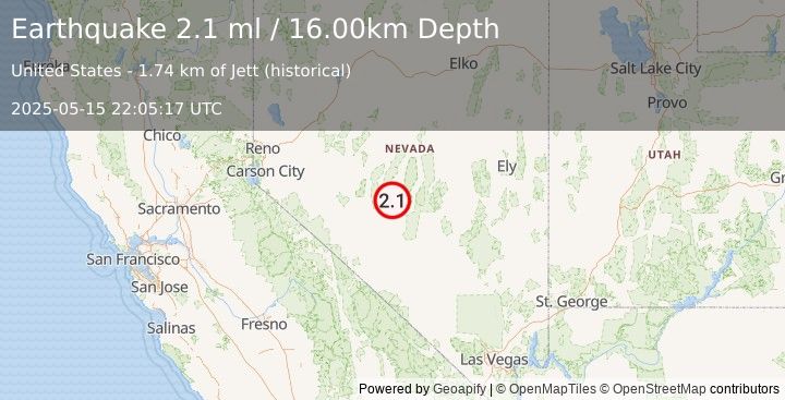 Earthquake 56 km S of Kingston, Nevada (2.1 ml) (2025-05-15 22:05:17 UTC)