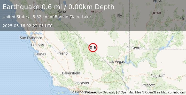 Earthquake 42 km NW of Beatty, Nevada (0.6 ml) (2025-05-16 02:22:05 UTC)