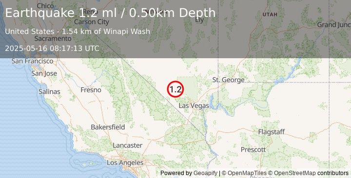 Earthquake 34 km NW of Indian Springs, Nevada (1.2 ml) (2025-05-16 08:17:13 UTC)