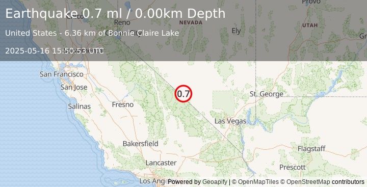 Earthquake 42 km WNW of Beatty, Nevada (0.7 ml) (2025-05-16 15:50:53 UTC)