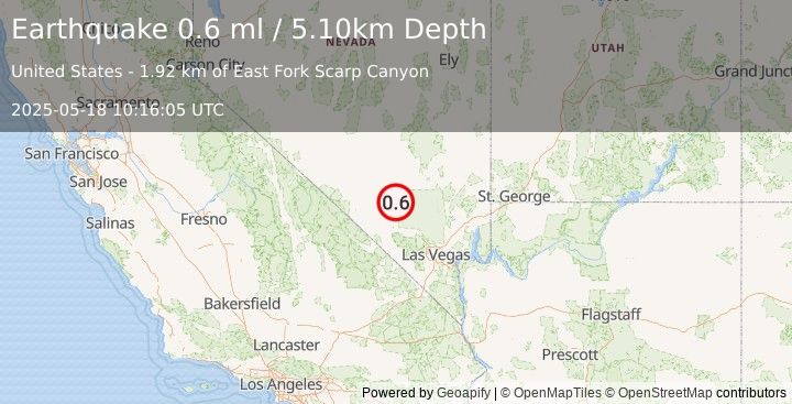 Earthquake 54 km NNW of Indian Springs, Nevada (0.6 ml) (2025-05-18 10:16:05 UTC)