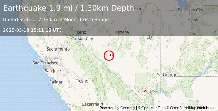 Earthquake 33 km SE of Mina, Nevada (1.9 ml) (2025-05-18 15:11:18 UTC)