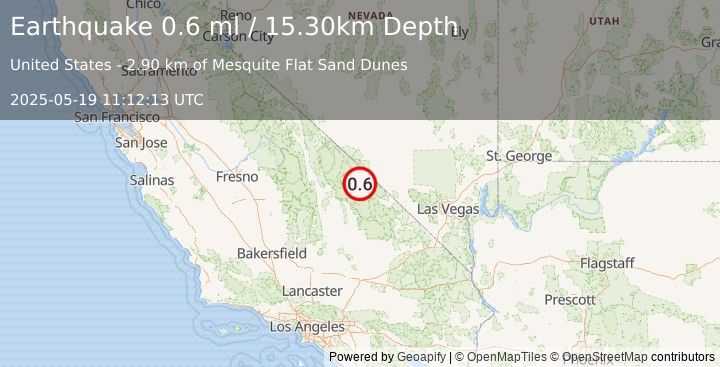 Earthquake 27 km NW of Furnace Creek, California (0.6 ml) (2025-05-19 11:12:13 UTC)