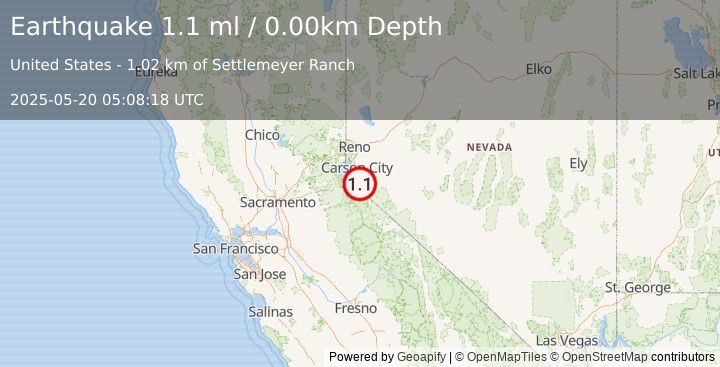 Earthquake 4 km E of Gardnerville Ranchos, Nevada (1.1 ml) (2025-05-20 05:08:18 UTC)