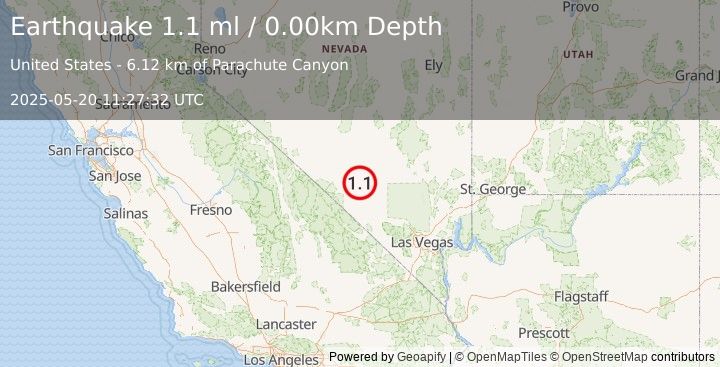 Earthquake 38 km NE of Beatty, Nevada (1.1 ml) (2025-05-20 11:27:32 UTC)