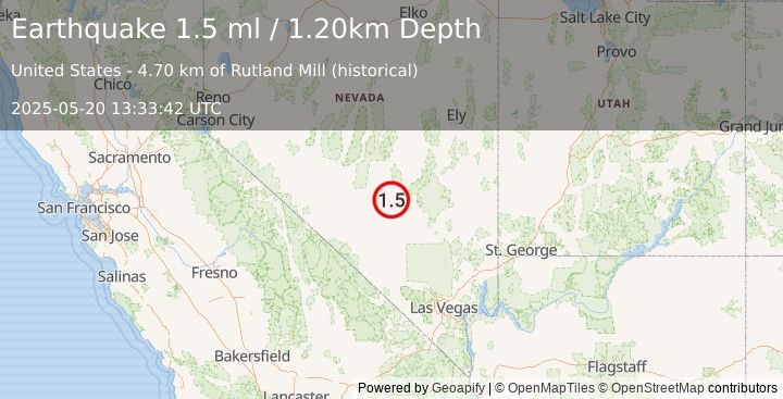 Earthquake 49 km NW of Rachel, Nevada (1.5 ml) (2025-05-20 13:33:42 UTC)
