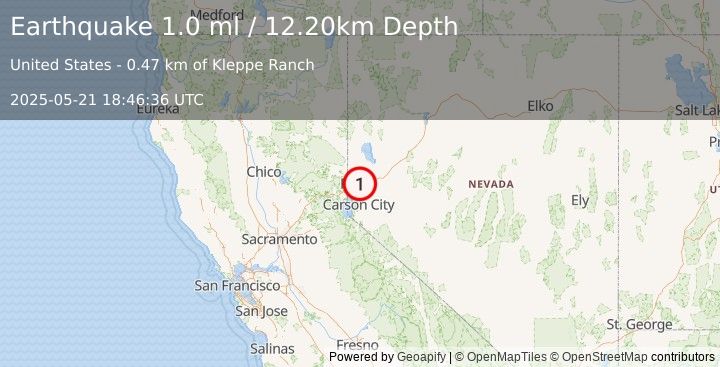 Earthquake 2 km ESE of Sparks, Nevada (1.0 ml) (2025-05-21 18:46:36 UTC)
