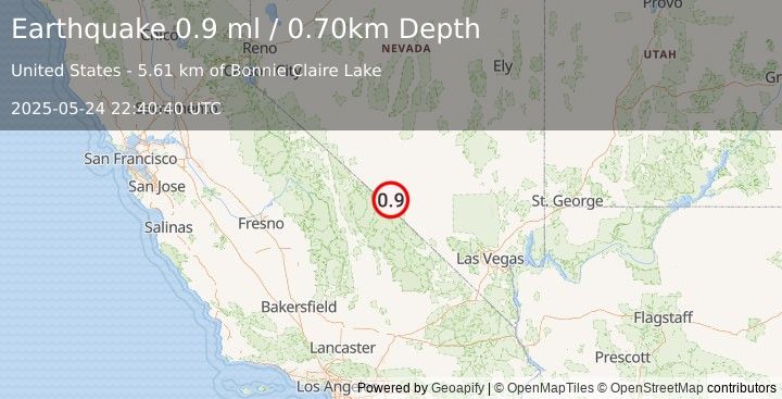 Earthquake 42 km WNW of Beatty, Nevada (0.9 ml) (2025-05-24 22:40:40 UTC)