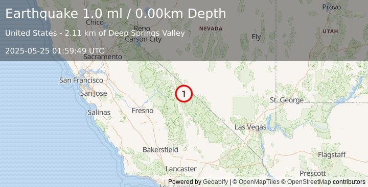 Earthquake 30 km ENE of Big Pine, California (1.0 ml) (2025-05-25 01:59:49 UTC)