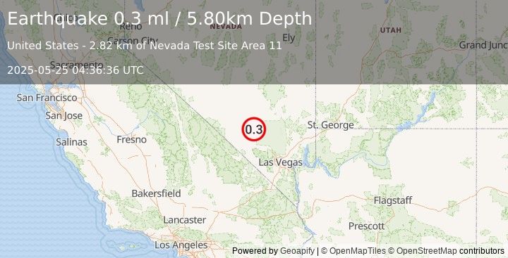 Earthquake 54 km NNW of Indian Springs, Nevada (0.3 ml) (2025-05-25 04:36:36 UTC)