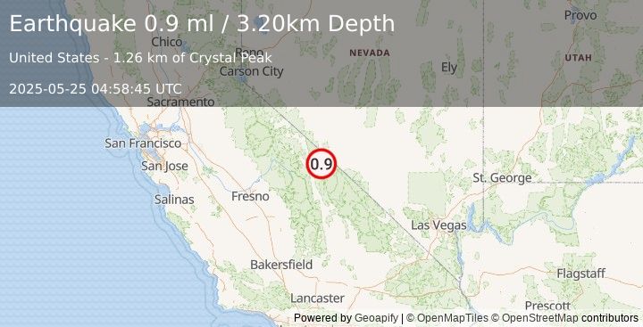 Earthquake 32 km E of Bishop, California (0.9 ml) (2025-05-25 04:58:45 UTC)