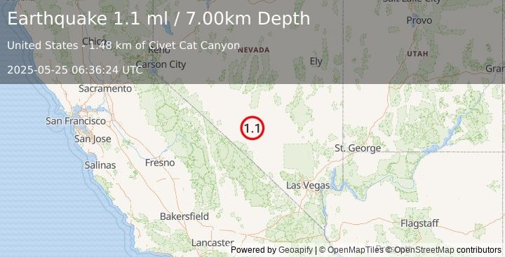Earthquake 34 km ESE of Goldfield, Nevada (1.1 ml) (2025-05-25 06:36:24 UTC)
