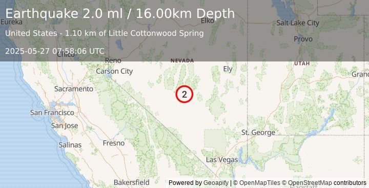 Earthquake 56 km NE of Tonopah, Nevada (2.0 ml) (2025-05-27 07:58:06 UTC)