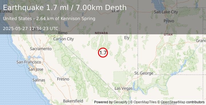 Earthquake 54 km NE of Tonopah, Nevada (1.7 ml) (2025-05-27 17:34:23 UTC)