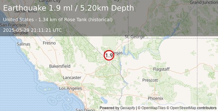 Earthquake 6 km SW of Blue Diamond, Nevada (1.9 ml) (2025-05-29 21:11:21 UTC)