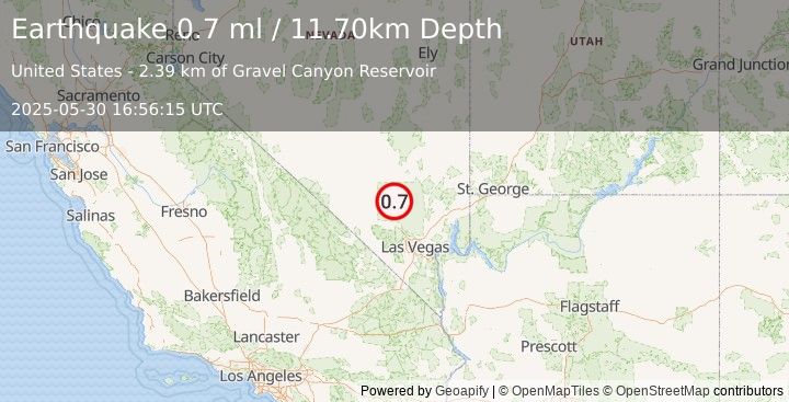 Earthquake 38 km NNE of Indian Springs, Nevada (0.7 ml) (2025-05-30 16:56:15 UTC)
