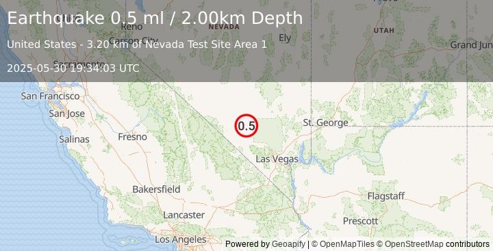 Earthquake 57 km ENE of Beatty, Nevada (0.5 ml) (2025-05-30 19:34:03 UTC)