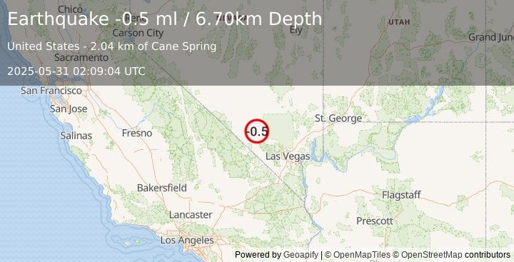 Earthquake 44 km WNW of Indian Springs, Nevada (-0.5 ml) (2025-05-31 02:09:04 UTC)