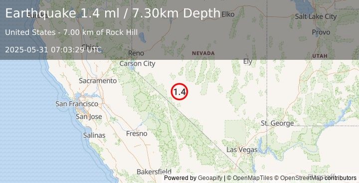 Earthquake 28 km SE of Mina, Nevada (1.4 ml) (2025-05-31 07:03:29 UTC)
