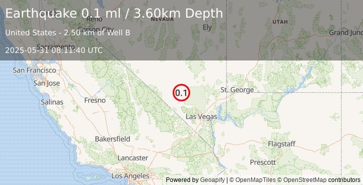 Earthquake 56 km NNW of Indian Springs, Nevada (0.1 ml) (2025-05-31 08:11:40 UTC)