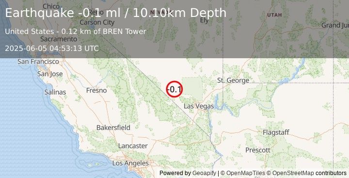 Earthquake 48 km ESE of Beatty, Nevada (-0.1 ml) (2025-06-05 04:53:13 UTC)
