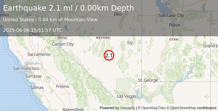 Earthquake 78 km NE of Tonopah, Nevada (2.1 ml) (2025-06-06 15:51:58 UTC)