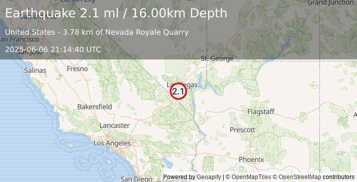 Earthquake 11 km SSW of Enterprise, Nevada (2.1 ml) (2025-06-06 21:14:40 UTC)