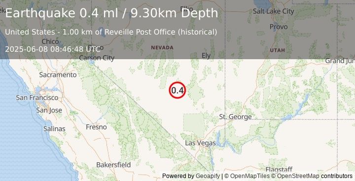 Earthquake 55 km NW of Rachel, Nevada (0.4 ml) (2025-06-08 08:46:48 UTC)