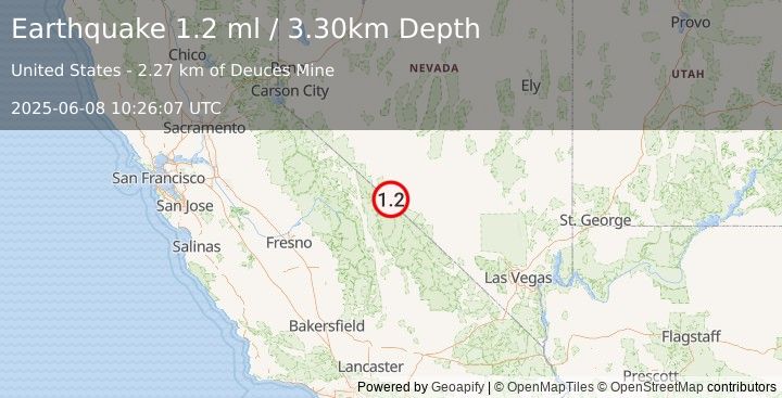 Earthquake 36 km SSW of Silver Peak, Nevada (1.2 ml) (2025-06-08 10:26:07 UTC)