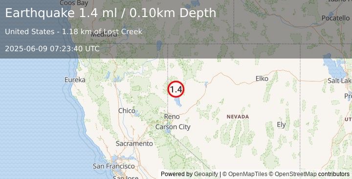 Earthquake 27 km WSW of Empire, Nevada (1.4 ml) (2025-06-09 07:23:40 UTC)