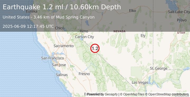 Earthquake 26 km WSW of Hawthorne, Nevada (1.2 ml) (2025-06-09 12:17:45 UTC)