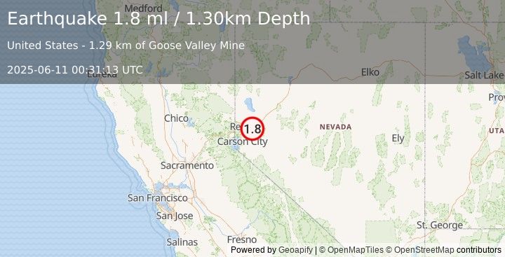 Earthquake 12 km NNW of Stagecoach, Nevada (1.8 ml) (2025-06-11 00:31:13 UTC)