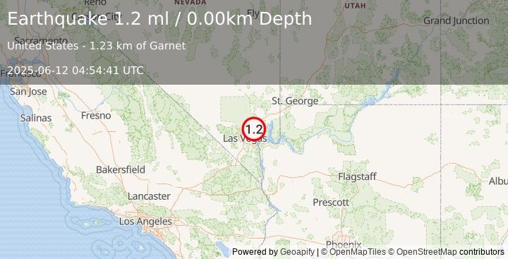 Earthquake 22 km NE of Nellis Air Force Base, Nevada (1.2 ml) (2025-06-12 04:54:41 UTC)